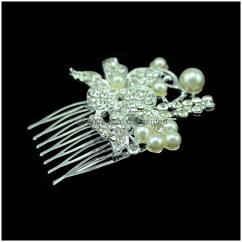 Forcine per capelli Sposa Gioielli da damigella d'onore 2 Stile Moda Coreano Sier Placcato Lega Strass Perla Fiore Foglia Bowknot Pettine per capelli Dr Dhgarden Dhhbu