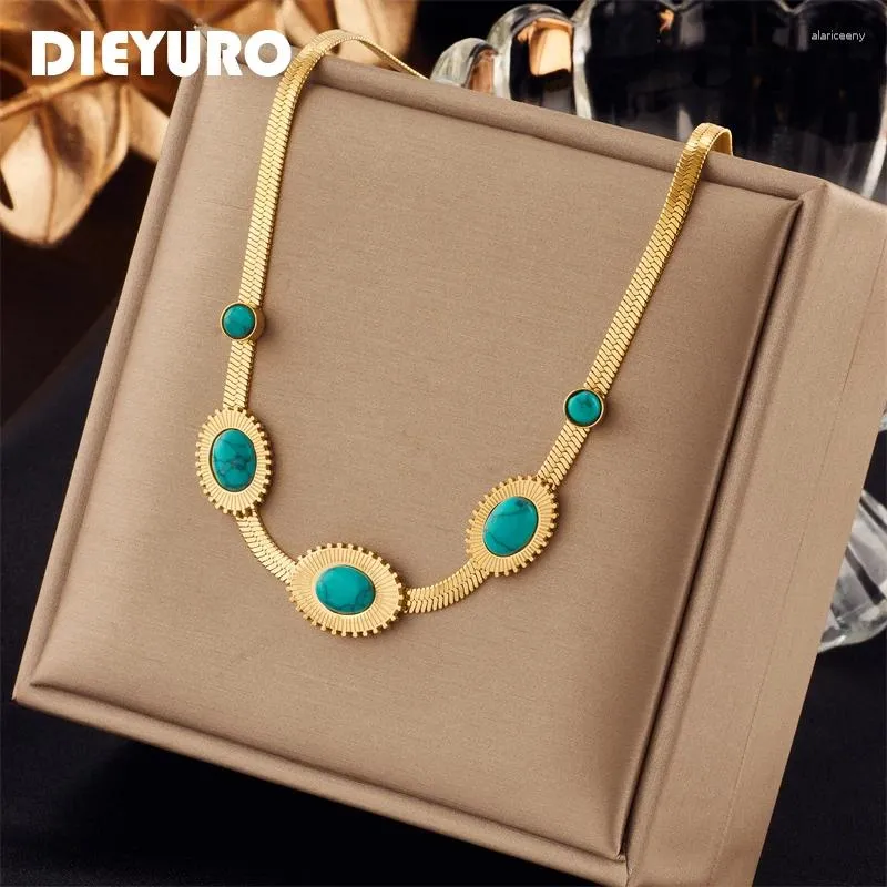 Hanger Kettingen DIEYURO 316L Roestvrij Staal Ovale Groene Steen Ketting Voor Vrouwen Vintage Dames Ketting Chokers Mode Meisjes Sieraden