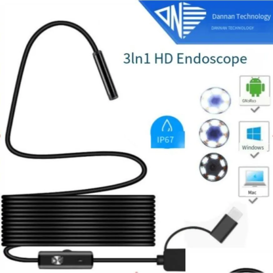 Cell Phone Photograph Accessories 5M Borescope 6 Led Endoscope Snake Inspection Camera For Android Ios 3-In-1 Mobile Computer Type C C Otdfy