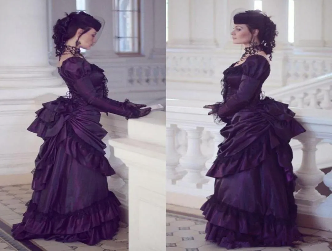 Långa ärmar Victorian Gothic Prom Dresses Pick -Ups Tafta golvlängd Bride Party Robe de Marrige Formella kvällskvinnor GOWNS3250897