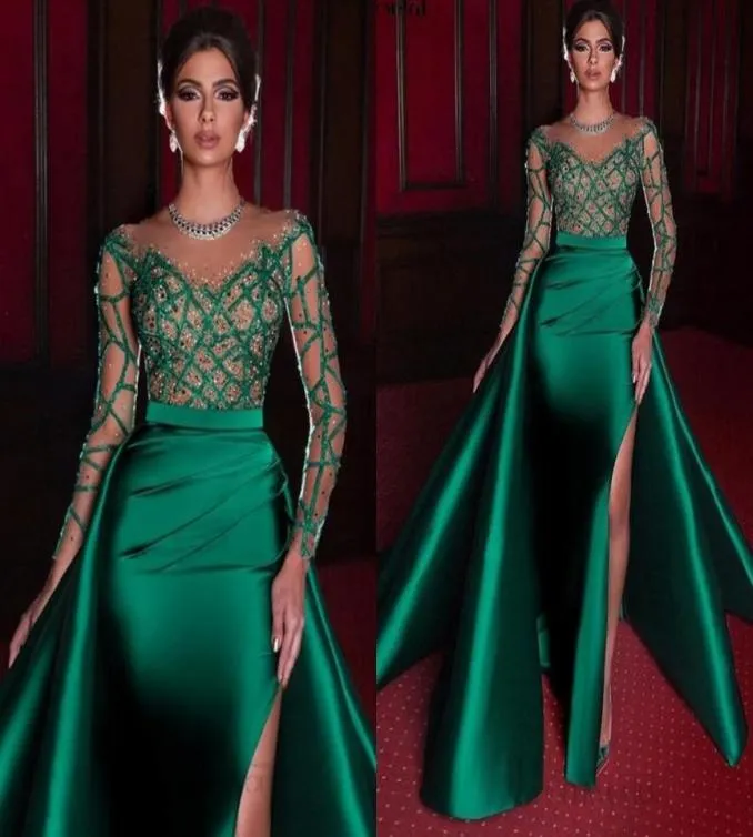 Elegante sereia vestidos de noite 2021 verde vestido formal mangas compridas cetim sexy fenda contas festa baile vestidos de noiva1410348