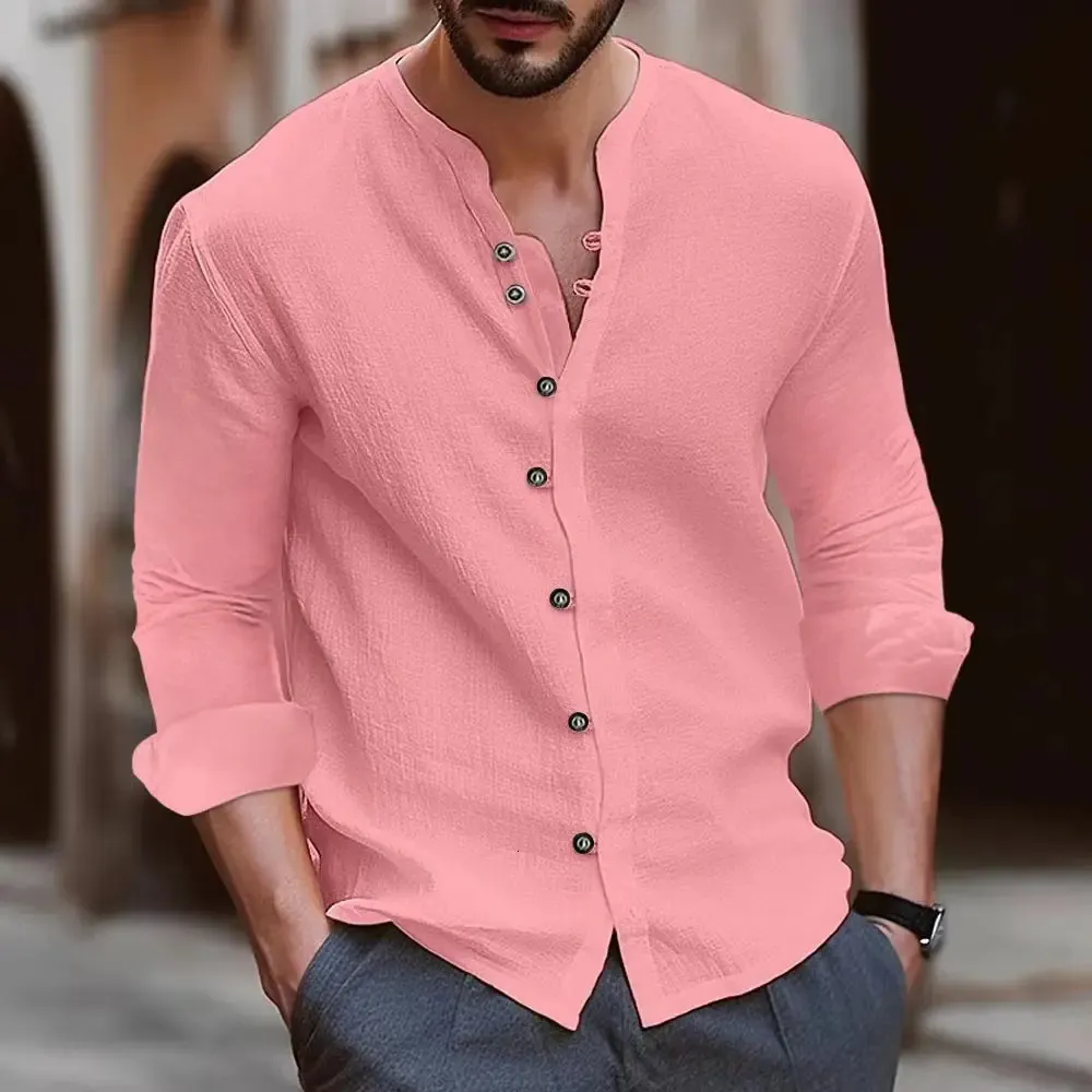 Chemise en coton et lin pour hommes, ample, confortable, décontractée, col montant, couleur unie, pour jeunes hommes, 240306