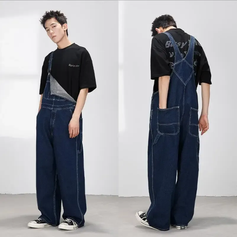 Retro Japanese Streetwear Denim Overalls: Fashion Bib Cargo Jeans