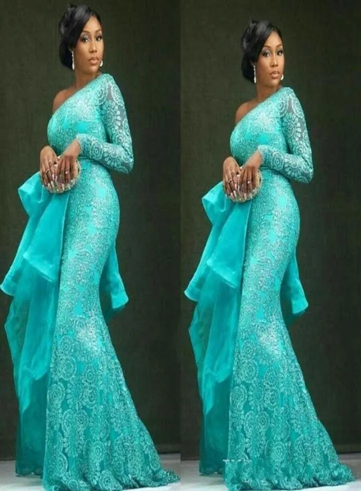 Aso ebi plus storlek turkos aftonklänningar peplum en axel sjöjungfru spets prom klänningar afrikanska dubai festklänningar7299752