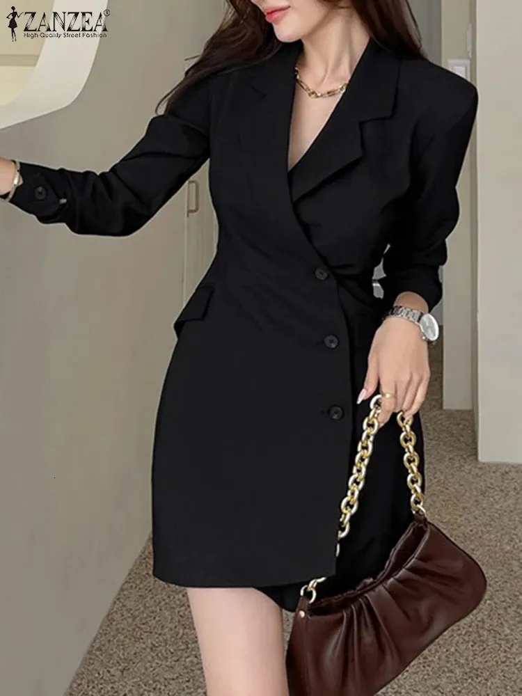 Zanzea feminino manga longa blazer vestido moda cor sólida mini vestidos outono escritório lapela casual senhora plissado curto robes240311