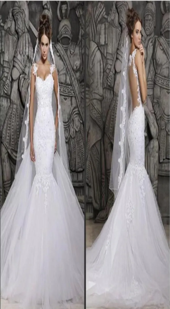 2019 New Cheap Berta Sexy Sheer Back Mermaid Wedding Dresses Spaghetti Straps Lace Appliqued Bridal Gown Saudi Arabia Vestidos FH14831992