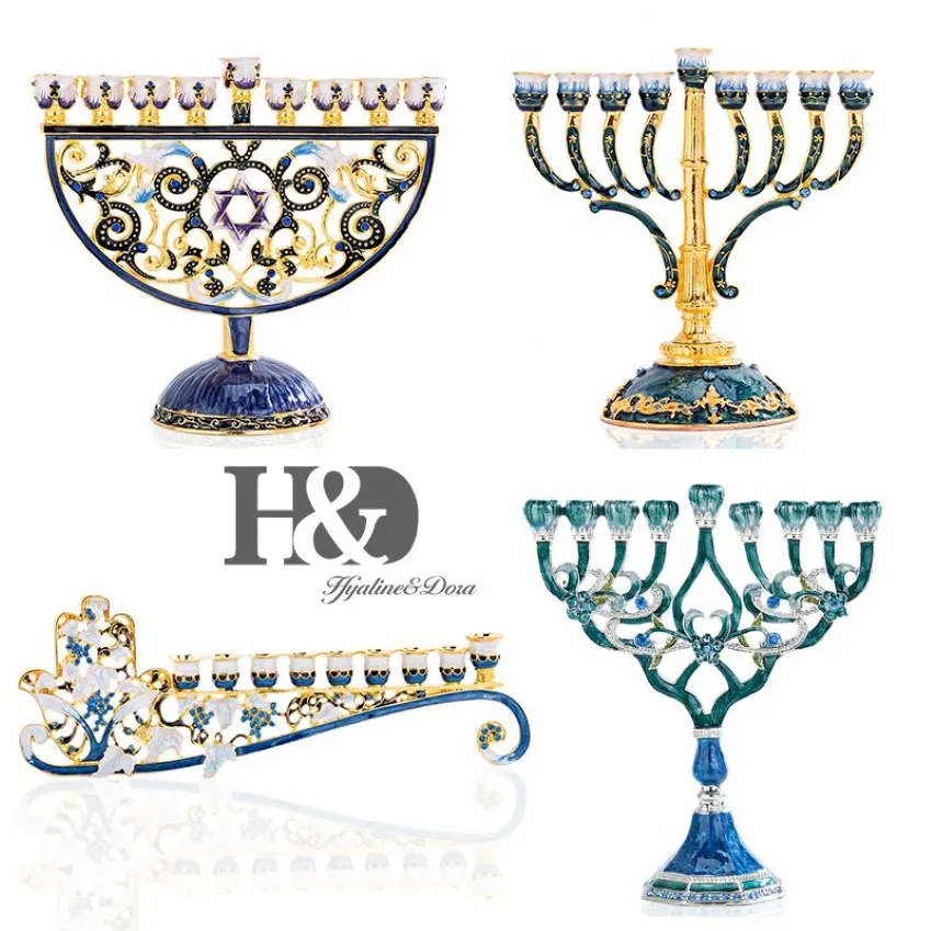 HD -handmålad emalj Floral Hanukkah Menorah Candlestick 9 gren Candelabra utsmyckad med Crystals Star of David Hamsa232n