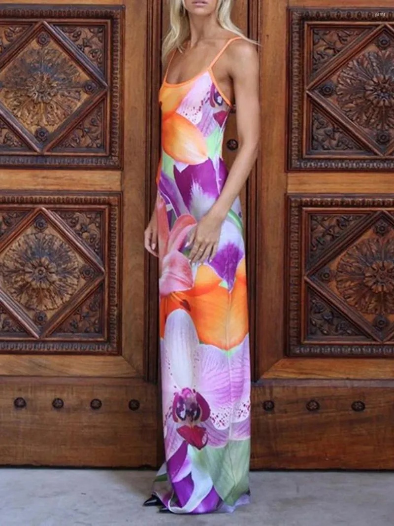 Abiti casual Donna S Summer Long Sling Dress Senza maniche Backless Low Cut Floral Spaghetti Strap