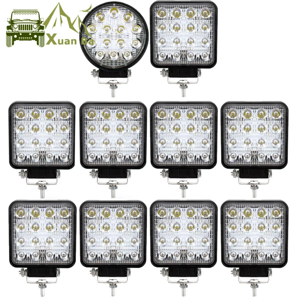 XuanBa Barra de luz de trabalho LED redonda quadrada de 4 polegadas para carro automotivo 12V 24V caminhão de motocicleta offroad UAZ SUV 4WD feixe de inundação dirigindo nevoeiro Lam4026574