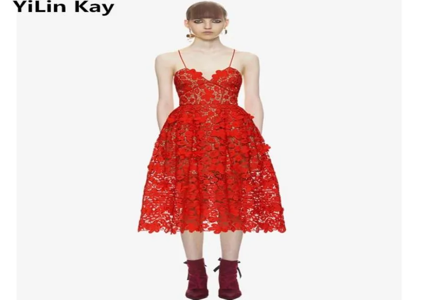 Casual Dresses Yilin Kay Highend Custom Self Portrait 2021 Women Lace Dress Hollow Out Hook Flower Condole Belt Longdress3839928