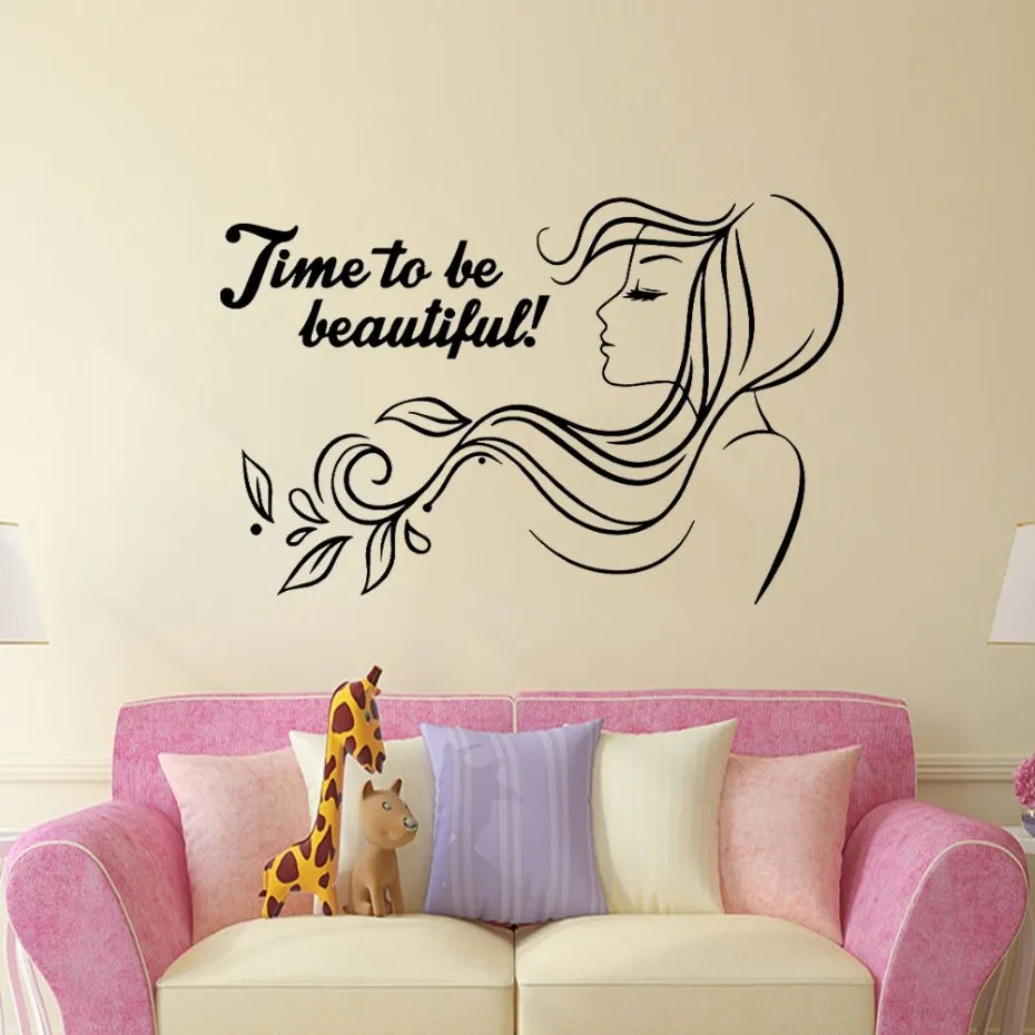 Vacker fras Beauty Spa Vinyl Wall Decal Frisör Salong Woman Art Sticker Mural Wallpaper Girls Bedroom Decals Vinilo Pared246w