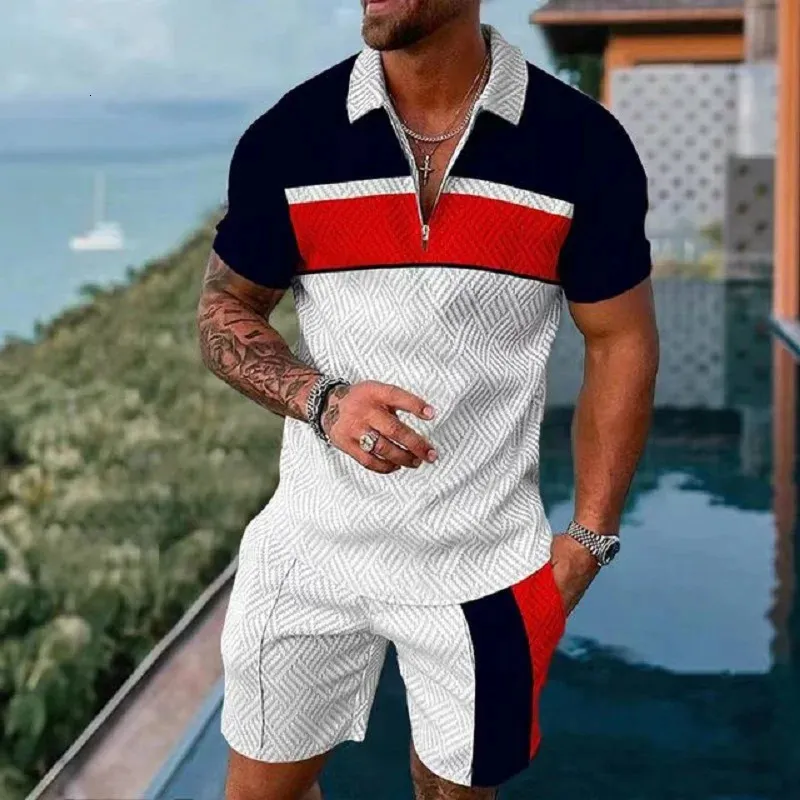 Traje de pista y campo a rayas de verano para hombre, camisa polo, pantalones cortos, conjunto informal de 2 piezas, camisa con cremallera de solapa, conjunto de playa de moda 240311