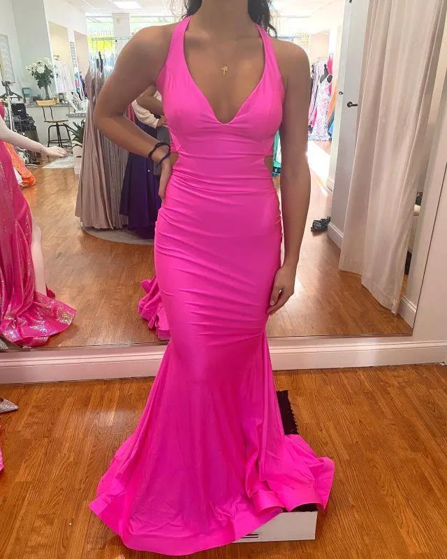 Sexy Fuchsia Mermaid Dresses V Neck Criss Cross Backless Pleats Ruffles Long Evening Gowns Junior Graduation Party Wears Bc11894