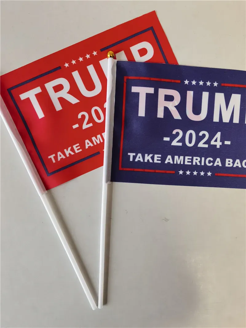 Bandiere Donald Trump 2024 14 * 21 cm Riprendi l'America Bandiera con pennone Decorazione elettorale Banner 2024311