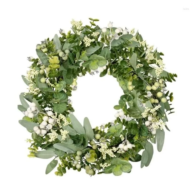 Couronnes de fleurs décoratives Couronnes d'eucalyptus verts Couronne d'été artificielle réaliste avec baies pour livraison avant la maison Gard Otjhl