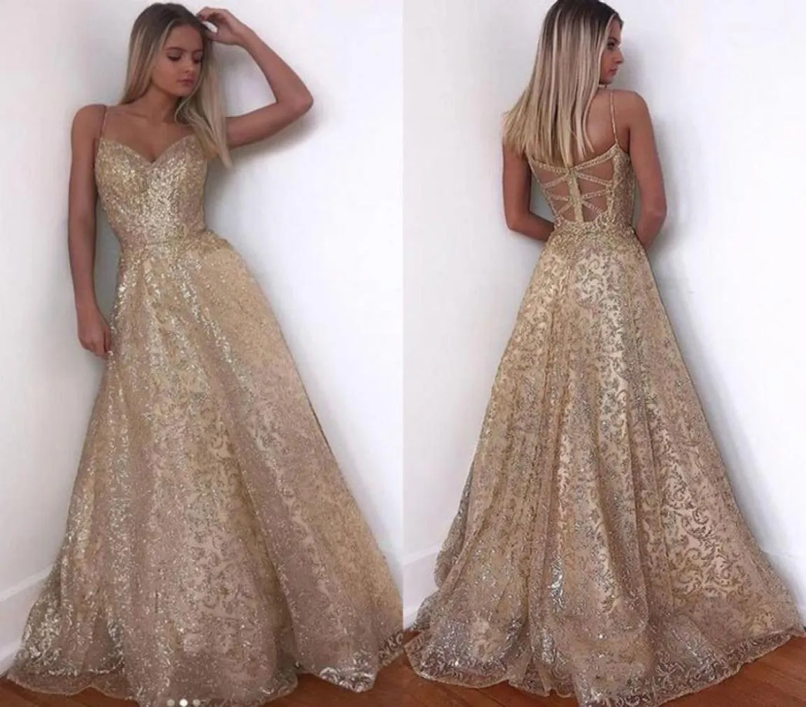 Gold Evening Dress Long Sparkle 2022 New VNeck Women Elegant Straps Sequin Aline Maxi Prom Party Gown Dress abendkleider9319956