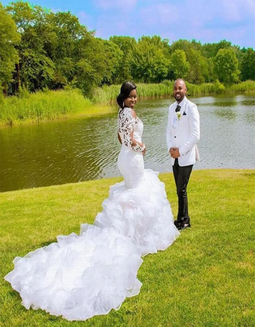 Cheer Ruffles Long Train Mermaid Wedding Dress 2021 Lace Poaded Plus Size African Wedding Clown Plus Size Wedding Dresses2777842