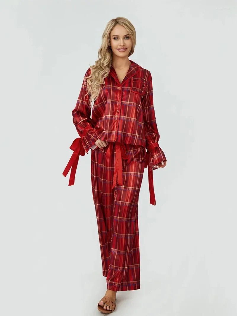 Vêtements de nuit pour femmes Femmes 2pcs Pyjamas Ensembles à manches longues Col à revers Boutonné Chemise à carreaux Pantalon Palazzo à jambes larges Y2K Loungewear Tenues