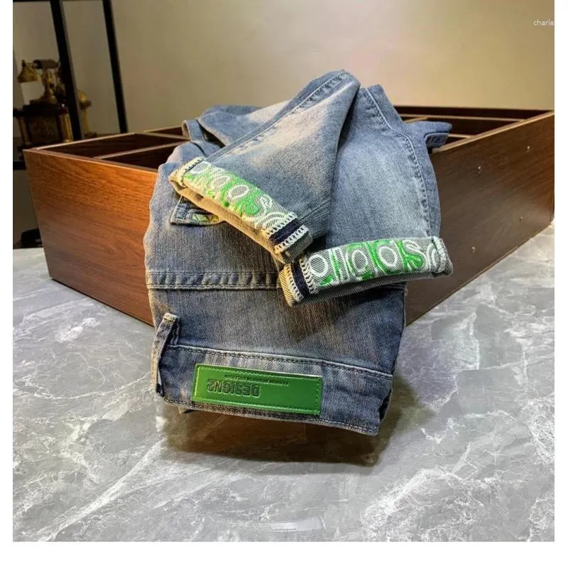 Mäns jeans herrar sommaren rippade tunt mode tryckt smal passande mager märke 2024 mikro harem ankel längd stretchy byxor