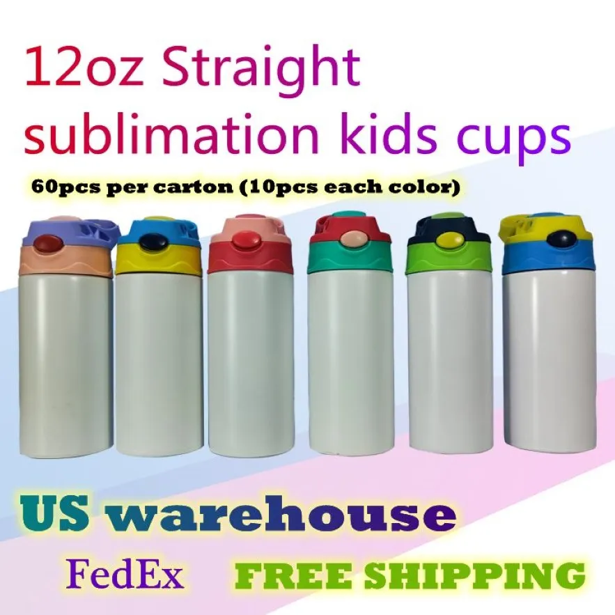 US Warehouse 12oz Kids Sublimation Sippy Cups tomma raka tumlar med blandade lock Stainnless Steel Drinking Bottle 60st Carto271s