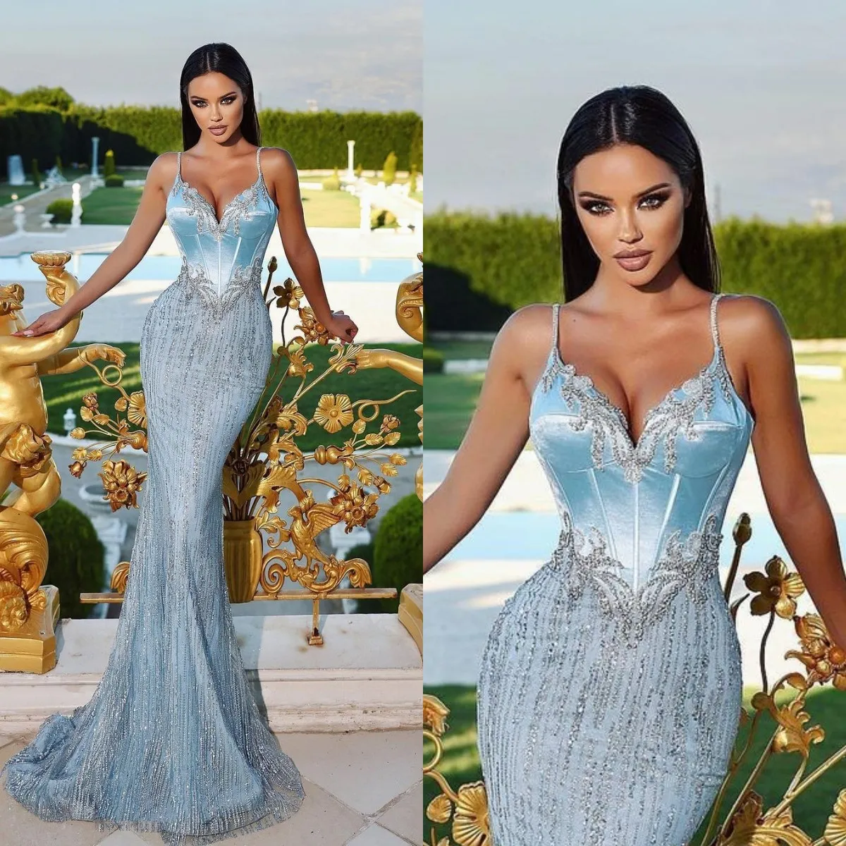 Ljusblå sjöjungfrun prom klänning spaghetti crystal formella aftonklänningar eleganta bodice party klänningar för speciella tillfällen golvlängd mantel de soiree