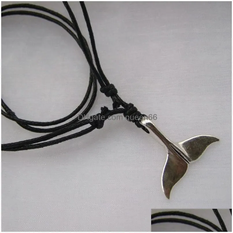 Pendant Necklaces Wholesale-Antique Sier Whale Tail Charm Pendant Wax Cord Necklace For Men Women 18 Drop Delivery Jewelry Necklaces P Dhvyj