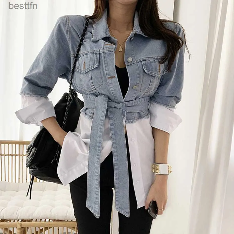 Damen T-Shirt Button Up Patchwork Lange Denim Tops Frauen 2021 Frühling Sommer Herbst Neue Mode OL Casual Jeans Shirts Fe Günstiger Großhandel 240311