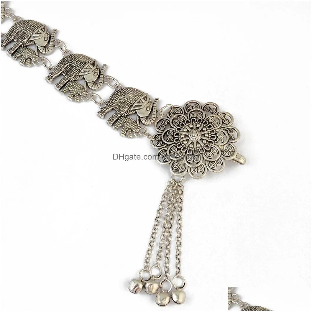 Bauchketten Bohemian Silber Legierung Mode Elefant Körperkette Glocken Quaste geschnitzte aushöhlen Blume Taille Drop Lieferung Jewelr Dhgarden Dhfhd