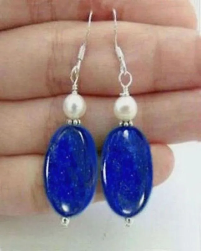 Natural Egyptian Lapis Lazuli Gemstoneswhite Pearl Silver Hook Dangle Earrings4433449