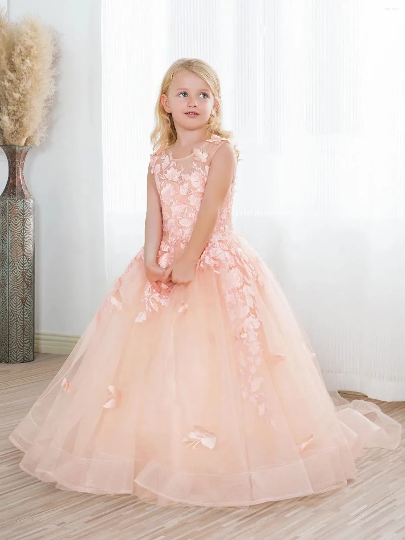 女の子のドレス結婚式のためのピンクの花ドレスbutlerflyパターンパターンの誕生日パーティープリンセスボールガウンを添えたオネックチュールの腫れ