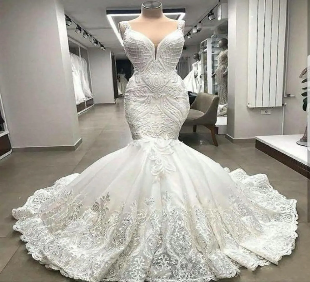 Robe de mariée sirène en dentelle unique, haut de gamme, avec des appliques arabes, dubaï, perlée, sur mesure, 2022, De5624293