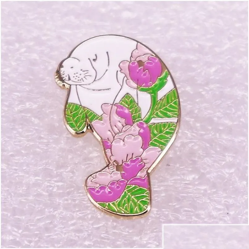 Cartoon Accessories Peony Manatee Protection Enamel Brooch Pin Backpack Hat Bag Collar Lapel Pins Badges Women Mens Fashion Jewelry Dr Otstd