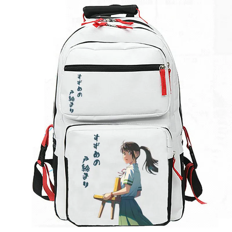 Iwato Suzume rugzak Makoto Shinkai dagrugzak Comic schooltas Cartoon Print rugzak Casual schooltas Wit Zwart dagrugzak