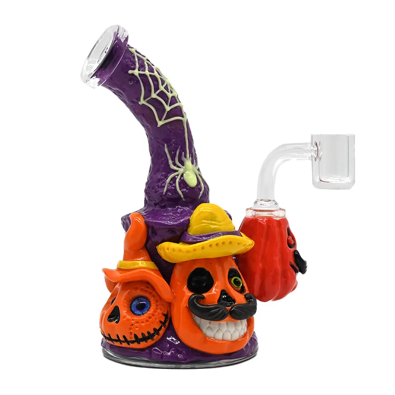 7in,Glass Bubbler With Fixed Diffuser Downstem Water Pipe Bongs,Halloween Style Glass Hookah,Hand Painted Polymer Clay With Glow In Dark,Glass Hookah