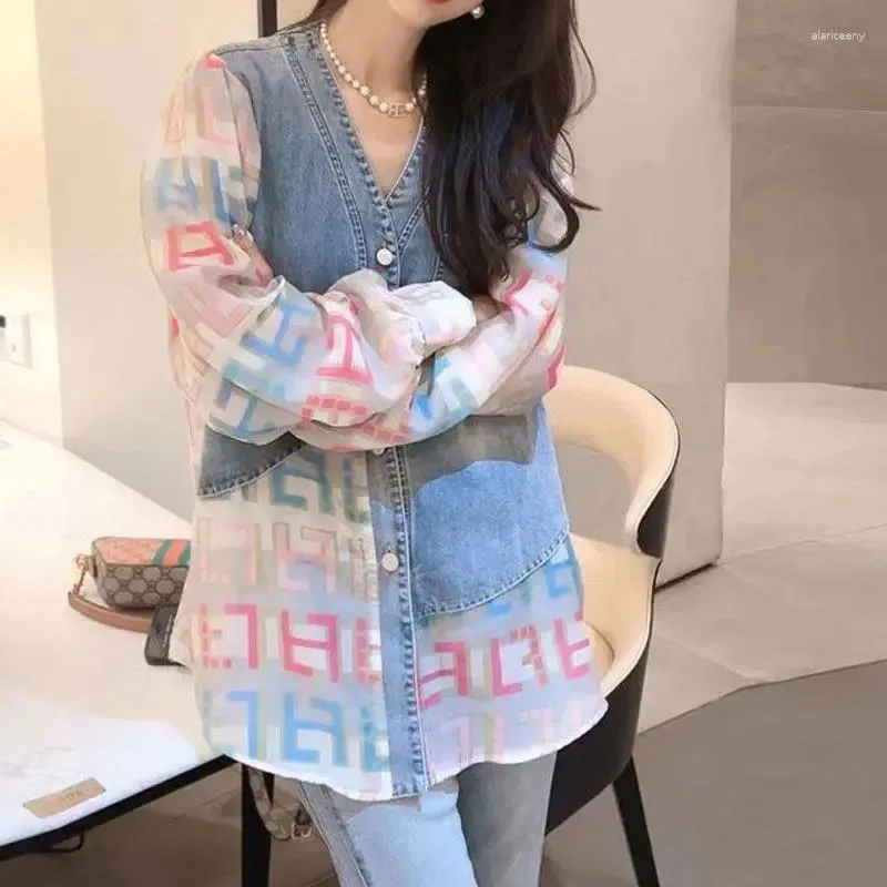 Women's Blouses Korean Printed Fashion Denim Patchwork Shirt Clothing Single-breasted Casual V-Neck Spring Autumn Asymmetrical Blouse