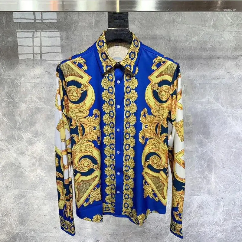 Мужские повседневные рубашки 2024, весенняя рубашка с длинным рукавом с принтом в стиле барокко, золотистая контрастная Гавайская рубашка с лацканами высокого качества, мужская Homme Camisetas Hombre 6AM9