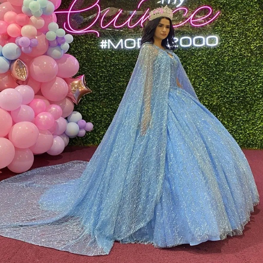 Robes De XV A os Quinceanera robe avec Wrap paillettes perlées bleu ciel robe de bal robes de bal jupe bouffante fête doux 16 Dress279S