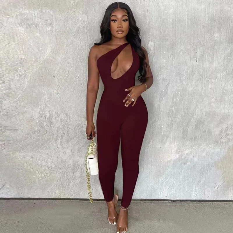 Designer One Shoulder Single sleeved diagonal jumpsuit High quality Sexy hollow out Sleeveless slim fit jumpsuits Wholesale clothing in large quantities