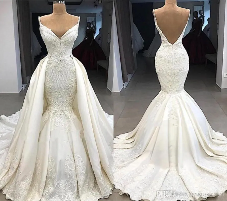 Delicate Mermaid Wedding Dresses with Detachable Train 2019 V Neck Lace Wedding Dress Plus Size Backless Bridal Gowns Custom Made3130141