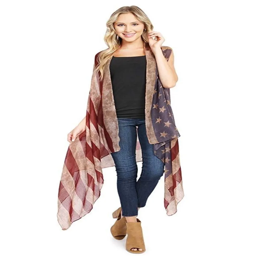 Strickjacke mit amerikanischer Flagge, 4. Juli, USA-Sternenbanner-Muster, patriotischer leichter Schal, offener Strand-Kimono-Weste2156