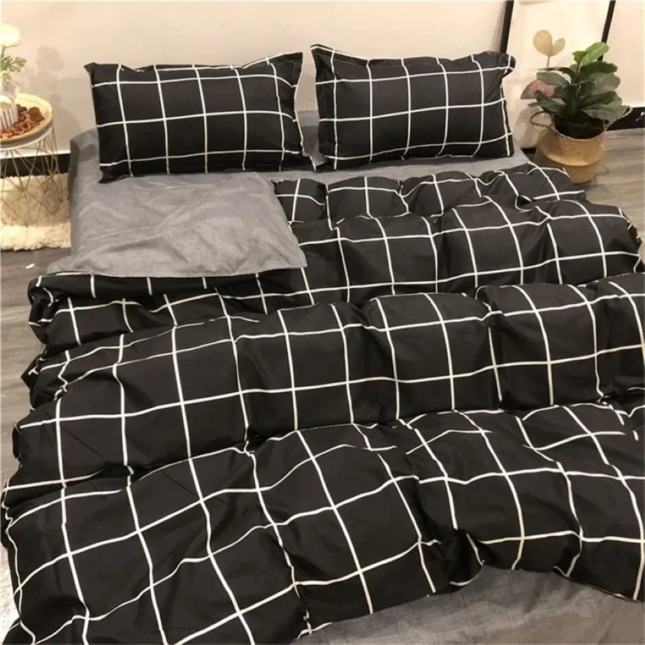 Sängkläder set 4in1 3in1 säng linjeduvet coverpillowcase mode svart vit rutnät randiga sängkläder set sängkläder täcke täcke drottning kung 271b