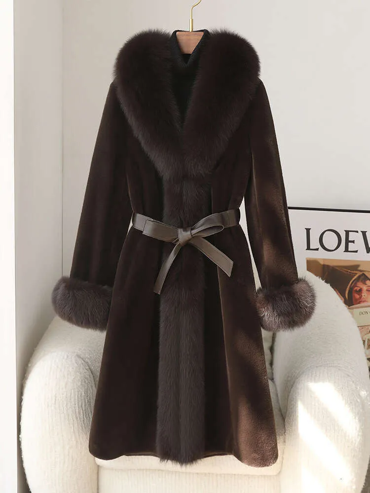 Manteau en fausse peau de vison avec col en fourrure de renard doré pour maman, nouvelle collection hiver 2024, 4034