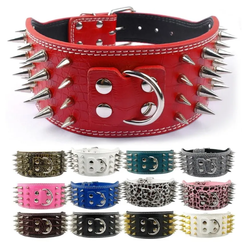 New Style 3 inch Wide 11 Colors Spiked Studded PU Leather Large Dog Collars For Pit bull213j