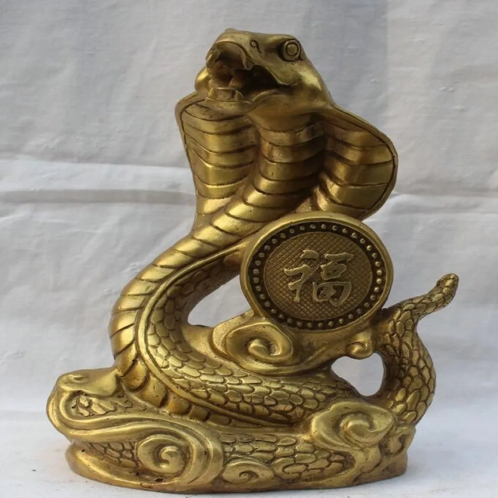 China Chinese Brass Folk Fengshui Fu Rich Wealth Zodiac Year Eye Snake Statue210z