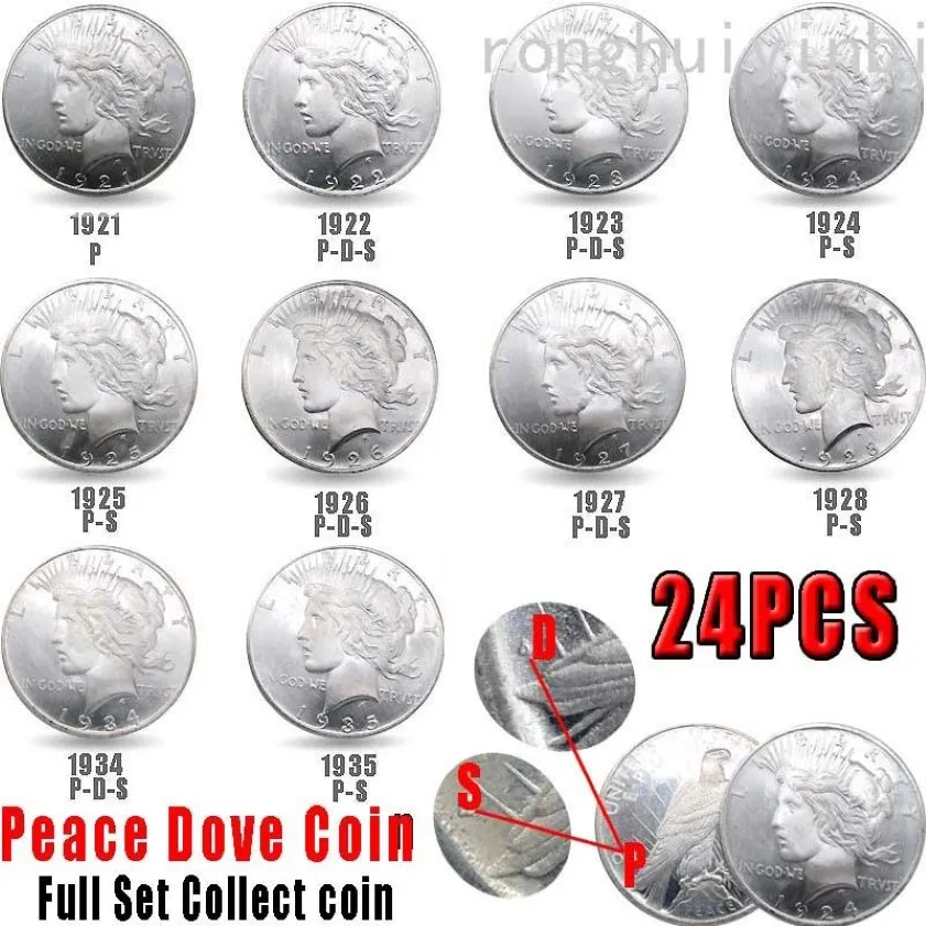 24 stks USA Vrede Coins1921-1935 Koper Plating Zilveren Kopie Coin Art Collection196b
