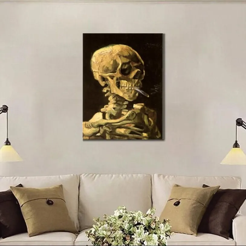 Famous Vincent Van Gogh Oil Paintings Reproduction Hand Painted Skull with Burning Cigarette Canvas Art2794