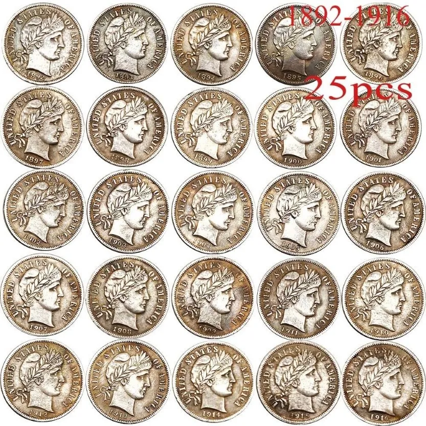 25 Stück USA Kopie Münze 1892-1916 Barber Dime Verschiedene Jahre Kupferbeschichtung Silbermünzen Set288n