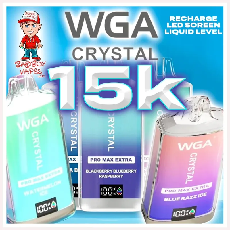 Ny kommande kristall wga pro max extra 15000 15k puffs engång e vape penstyle-e-cigarett 12k 15k 20k puff bar 5% nikotin 25 ml förfylld e cigarett display skärm