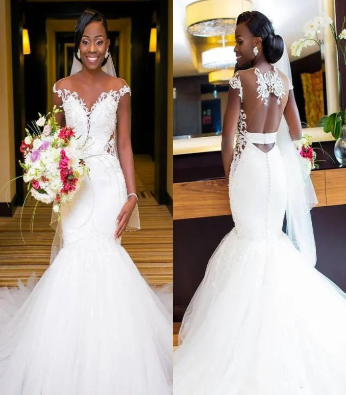 Nigerian African Lace Mermaid Wedding Dresses Sheer Neck Lace Appliqued Tiered Tulle Bridal Gowns Wedding Dress vestidos de novia6302317