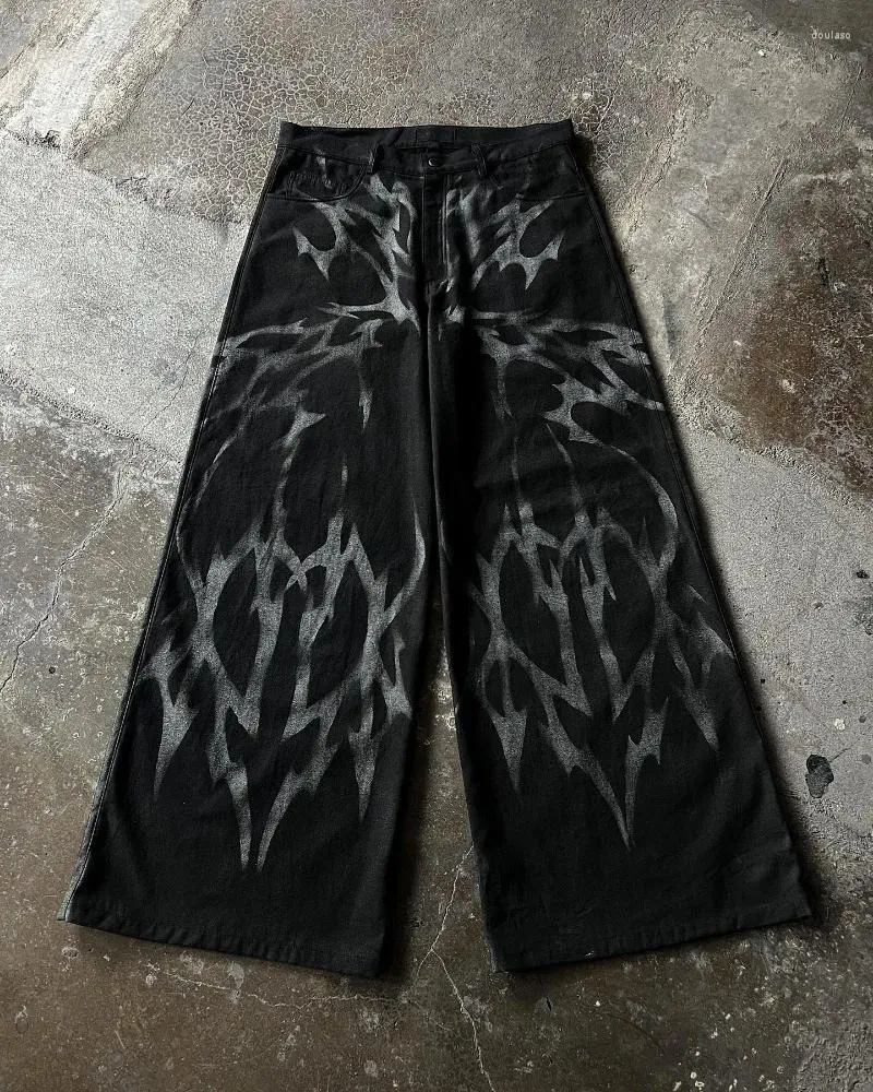 Jeans pour hommes Y2K Style américain Pantalon imprimé ondulé Taille haute Lavé Pantalon à jambes larges Hommes Harajuku Rétro surdimensionné